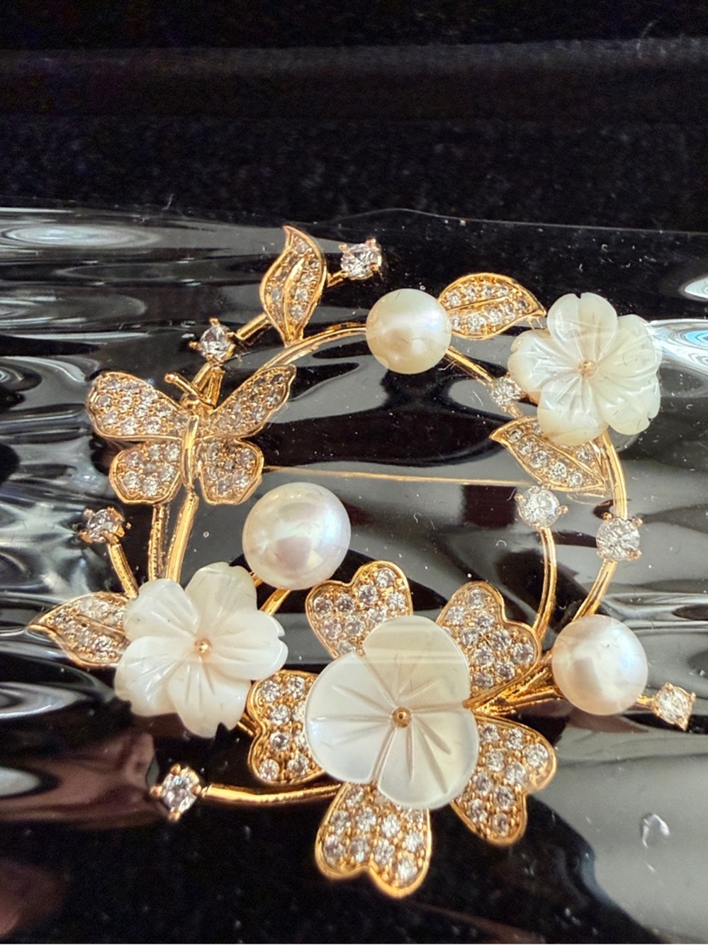 Gold Floral Pearl Brooch with Carved White Flowers and Crystals